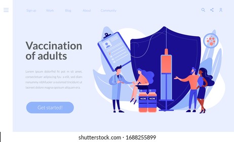 Woman getting flu shot. Contagious disease prevention. Vaccination of adults, adult immunization schedule, vaccine preventable diseases concept. Website homepage landing web page template.