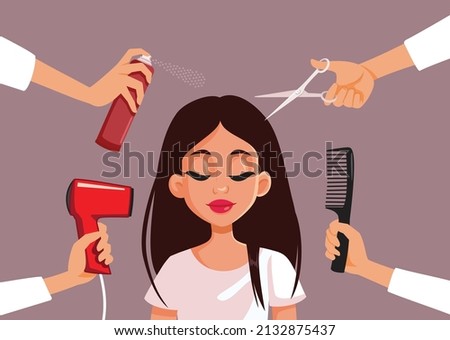 
Woman Getting her Hair Fixed in a Salon Vector Cartoon Illustration. Famous girl getting her hair done professionally by a beauty team
