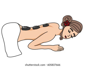 Woman getting hot stone massage in spa salon 