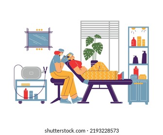 Woman getting lifting injection in cosmetology clinic, flat vector illustration on white background. Doctor cosmetologist using syringe. Concepts of skin care and beauty industry.