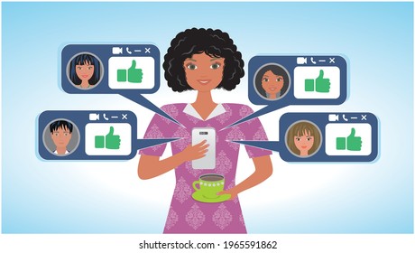 Woman getting likes on her mobile phone in social media. Dimension 16:9. Vector illustration.