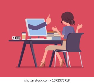 Woman getting lost at computer. Discouraged female manager working to achieve nothing, negative hand gesture from monitor showing the loss of all hope, despairing business result. Vector illustration