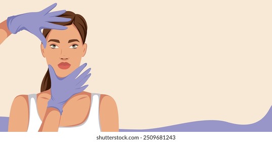 Woman getting massage and beauty treatments. Facelift. Advertisement for beauty studio and spa. Vector template with place for text for website, banner, posters, cover