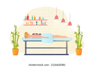 Woman getting massage in spa salon flat concept people scene. Happy client lies on couch under towel and young girl enjoys hot stone and body treatment. Vector illustration for web banner design