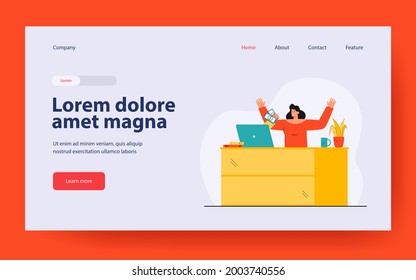 Woman getting money online. Flat vector illustration. Young cartoon woman working online, sitting at desk in front of computer, getting salary. Online accruals, money, freelance for banner design