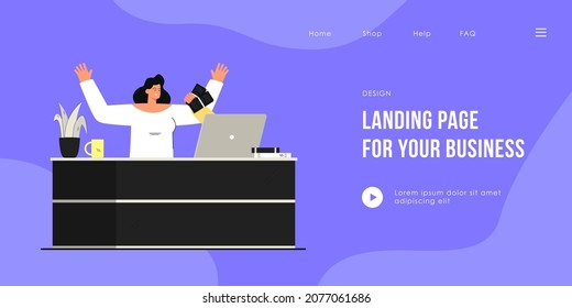 Woman getting money online. Flat vector illustration. Young cartoon woman working online, sitting at desk in front of computer, getting salary. Online accruals, money, freelance for banner design