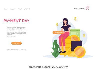 Woman getting money for payday illustration concept on landing page design. Workers with earnings. Vector set of persons pay debts