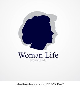 Woman Getting Old Age Years Conceptual Illustration, From Woman To Grandma, Aging Period And Cycle Of Life. Vector Simple Classic Concept Icon Or Logo Design.