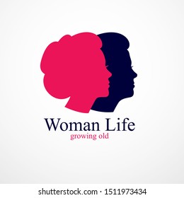 Woman getting old age years conceptual illustration, from woman to grandma, aging period and cycle of life. Vector simple classic concept icon or logo design.