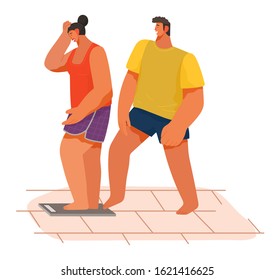 Woman getting on the scales and upset while man putting leg on balance for joking. Smiling boy standing behind of girl on weigher. Life of young couple and humor of male with weight of female vector