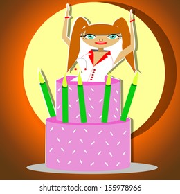 woman getting out of a big cake surprise purple color, green candles, orange background, yellow and shading.