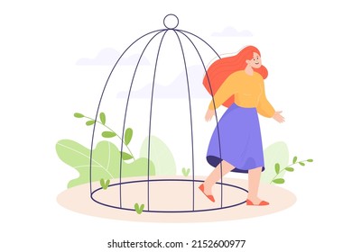 Woman getting out of birdcage flat vector illustration. Depressed girl leaving cage or jail, becoming free, getting ready for new life without mental problems. Freedom, violence, psychology concept