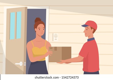 Woman getting package from courier. Delivery man and customer at door. Vector illustration in a flat style