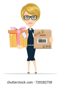 Woman getting a parcel from delivery man. Stock flat vector illustration.