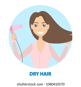 Woman getting ready. Morning routine with drying hair.