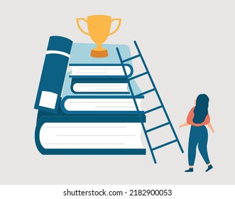 woman getting ready to step up on stack of books using a ladder to achieve a prize at the top. Path to business and personal success. Education, knowledge, Learning and skill development concept.