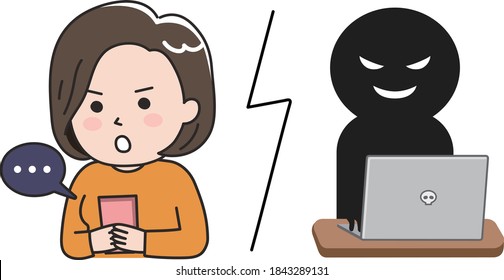 Woman getting scammed by a fake website on tablet or smartphone. Vector illustration isolated on white background.