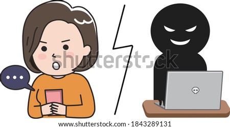 Woman getting scammed by a fake website on tablet or smartphone. Vector illustration isolated on white background.