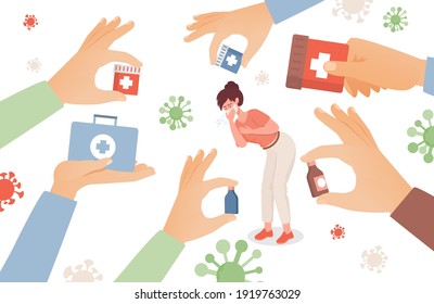 Woman getting sick and sneezing, hands holding boxes and bottles with pills vector flat illustration. Drugs, antibiotics, and vitamin tablets. Medicaments to treat illness, pain, and viruses.