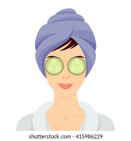 Woman Getting Spa Treatment. Smiling Girl Portrait With Eyes Mask. Vector Illustration