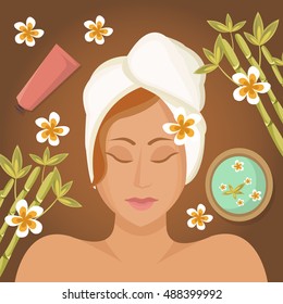 Woman getting spa treatment. Spa treatments, therapy. Girl resting, relaxing. Clean skin, healthy fresh face massage, body wrap. Graphic design element for spa or beauty salon poster