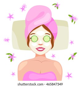 Woman getting spa treatment. Spa vector. Vector illustration of a beautiful woman with facial mask care. 