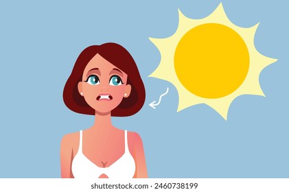 
Mujer recibiendo quemaduras solares de la ilustración de dibujos animados de Vector solar calentado. Chica estresada que tiene problema con el enrojecimiento de la piel 
