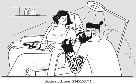 Woman getting tattoo artist on studio black and white line art vector illustration