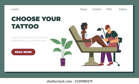 Woman getting tattooed in salon or studio, landing page template flat vector illustration. Tattoo masters creating design on clients leg. Advertising web banner.