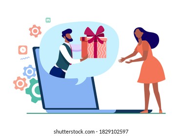 Woman Getting Virtual Gift. Man Giving Present Box, Speech Bubble From Laptop Screen Flat Vector Illustration. Bonus, Discount, Promotion Concept For Banner, Website Design Or Landing Web Page