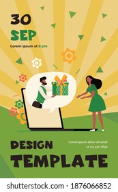 Woman Getting Virtual Gift. Man Giving Present Box, Speech Bubble From Laptop Screen Flat Vector Illustration. Bonus, Discount, Promotion Concept For Banner, Website Design Or Landing Web Page