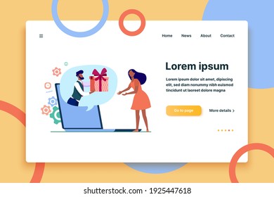 Woman Getting Virtual Gift. Man Giving Present Box, Speech Bubble From Laptop Screen Flat Vector Illustration. Bonus, Discount, Promotion Concept For Banner, Website Design Or Landing Web Page