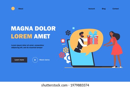 Woman Getting Virtual Gift. Man Giving Present Box, Speech Bubble From Laptop Screen Flat Vector Illustration. Bonus, Discount, Promotion Concept For Banner, Website Design Or Landing Web Page