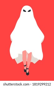 A woman in a ghost costume for halloween. Colorful vector illustration in flat cartoon style.