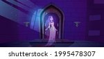 Woman ghost in medieval castle with wooden doors. Vector cartoon spooky illustration of entrance to dungeon, prison or fortress and dead girl spirit. Halloween scary background with phantom lady