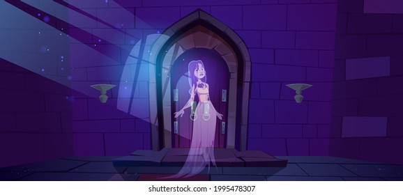 Woman ghost in medieval castle with wooden doors. Vector cartoon spooky illustration of entrance to dungeon, prison or fortress and dead girl spirit. Halloween scary background with phantom lady