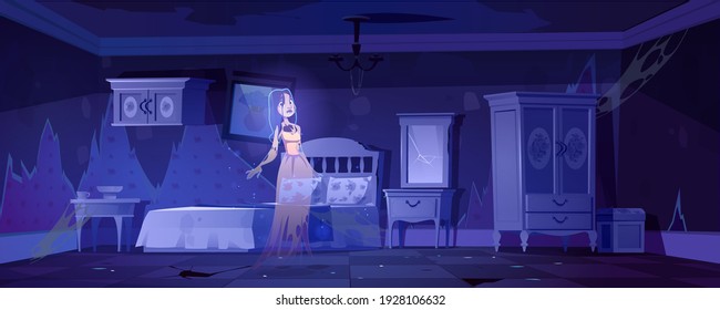 Mujer fantasma en el dormitorio viejo por la noche. Interior de dibujos animados vectores de una casa vacía abandonada con muebles rotos, espejo estrellado y desorden. Espumosa ilustración con espíritu de niña muerta en un cuarto sucio