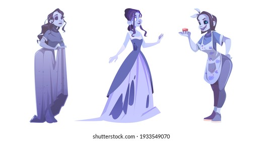 Woman ghosts, spirits of dead ladies isolated on white background. Vector cartoon set of phantoms bride, baker and sad girl. Halloween spooky female characters