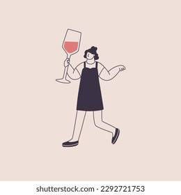 A woman with a giant glass of wine. Cute character in trendy style. Vector isolated illustration for wine theme design.