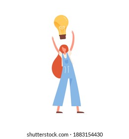 Woman with giant lightbulb over head vector flat illustration. Modern female with creative imagination brainstorming or generating new idea isolated. Concept of innovation, solution and creativity