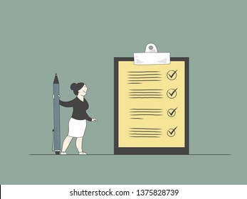 Woman with a giant pencil marked checklist on a clipboard paper. Successful completion of business tasks