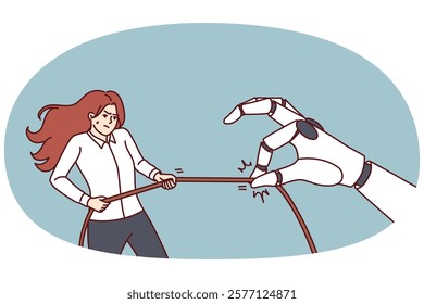 Woman and giant robot arm for concept of fight between human and artificial intelligence for jobs. Angry girl competing with robot who wants to take away work due to appearance of neural networks