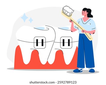 Woman with giant toothbrush cleaning teeth with metal braces. Consultation with a doctor dentist. Appointment with orthodontist. Dental hygiene and orthodontic care concept. Flat vector illustration.