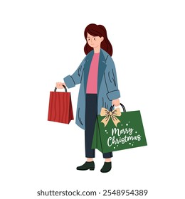 Woman with gift bags in her hands, surprise for friends or family. Girl in warm winter clothes. Christmas gift. People flat vector illustration.