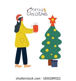 Woman with gift box and Christmas tree. Flat illustration.