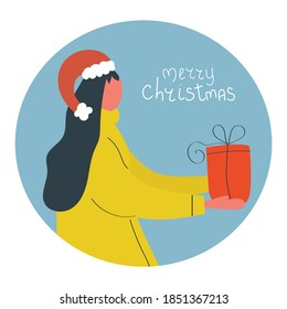 Woman with gift box in her hands and text Marry Christmas. Flat illustration.
