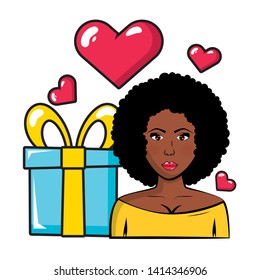 woman gift box love hearts pop art elements vector illustration