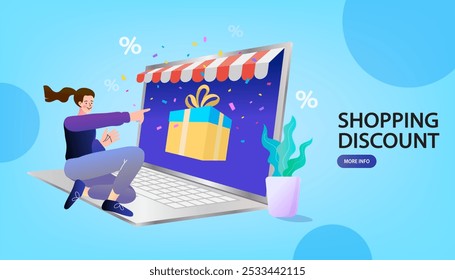 Woman with gift box. Rewards from shopping. Buyer with gifts. Female character with purchases. Woman shop online and buy presents or gifts through computer application. Flat vector illustration.