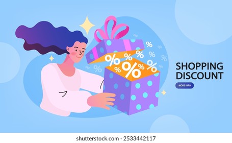 Mulher com caixa de presente. Recompensas nas compras. Comprador com presentes. Personagem feminino com compras. Mulher comprar on-line e comprar presentes ou presentes através de aplicação de computador. Ilustração de vetor plano.