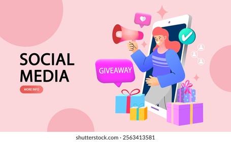 Woman with gift box. Rewards from shopping. Buyer with gifts. Female character with purchases. Woman shop online and buy presents or gifts through computer application. Flat vector illustration.